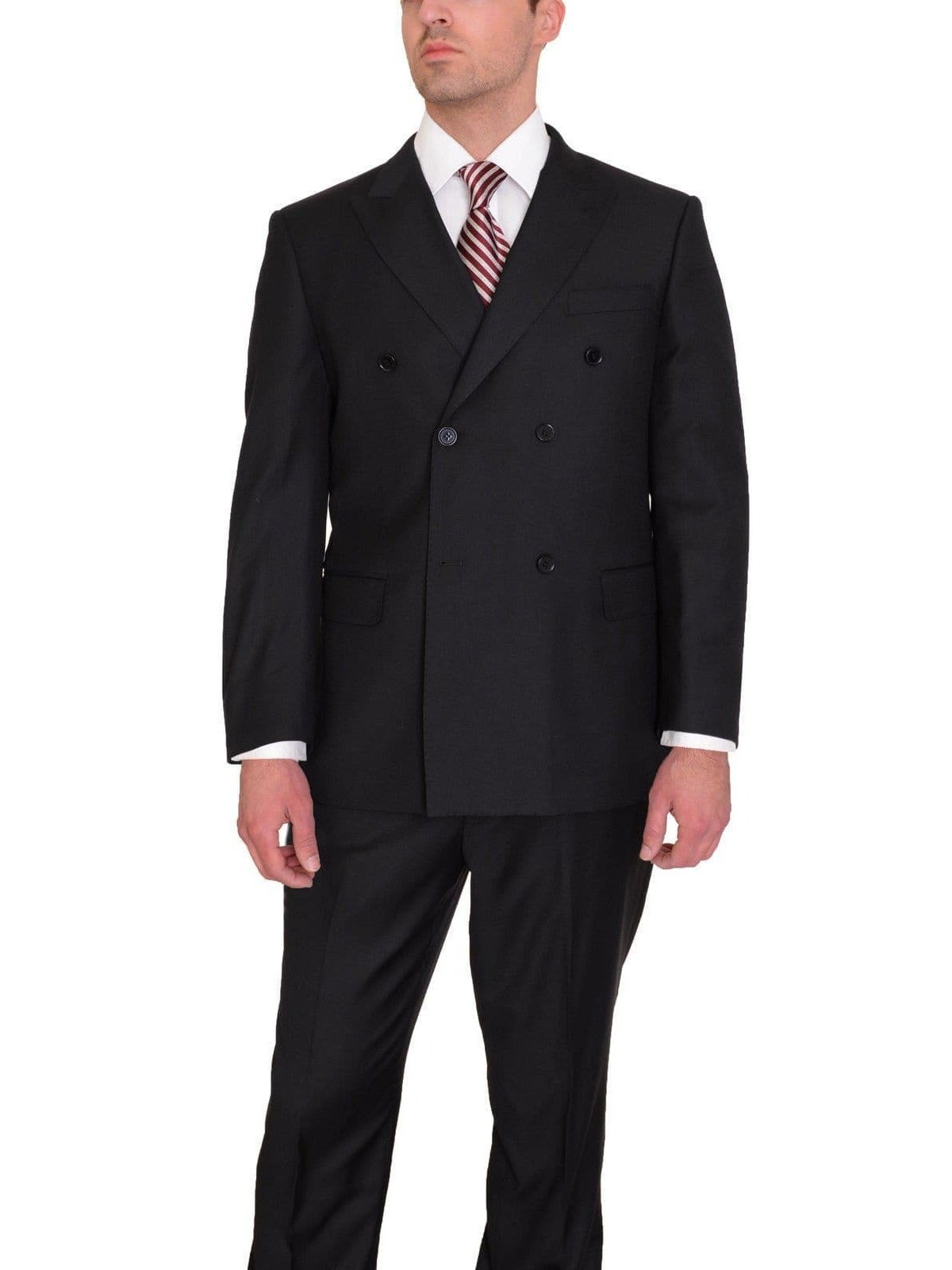 Classic Fit Double Breasted Solid Black Wool Suit