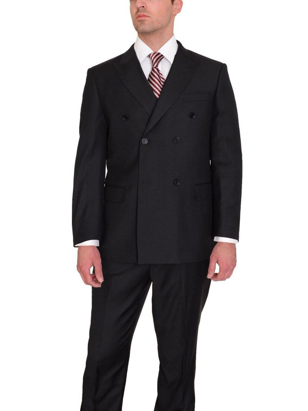 Classic Fit Double Breasted Solid Black Wool Suit | The Suit Depot