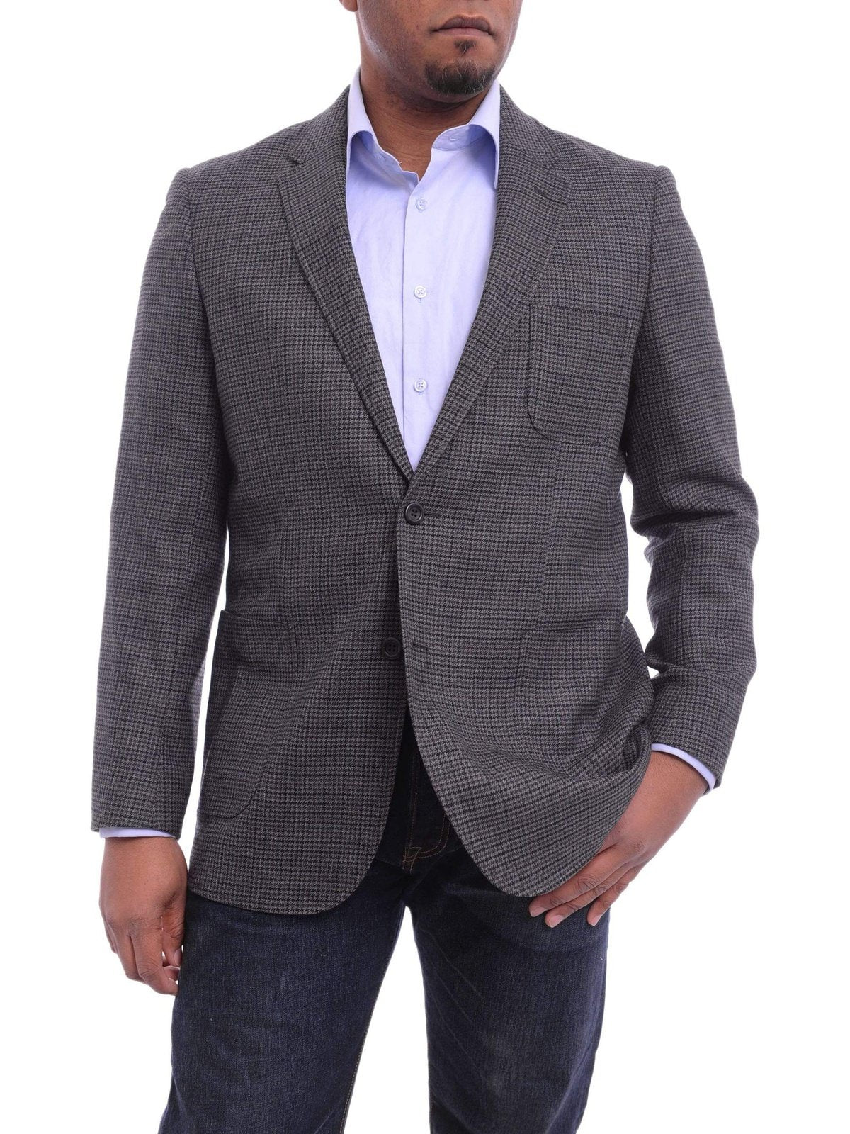 Mens Prontomoda Classic Fit Gray Houndstooth Two Button Wool Blazer Sportcoat - The Suit Depot