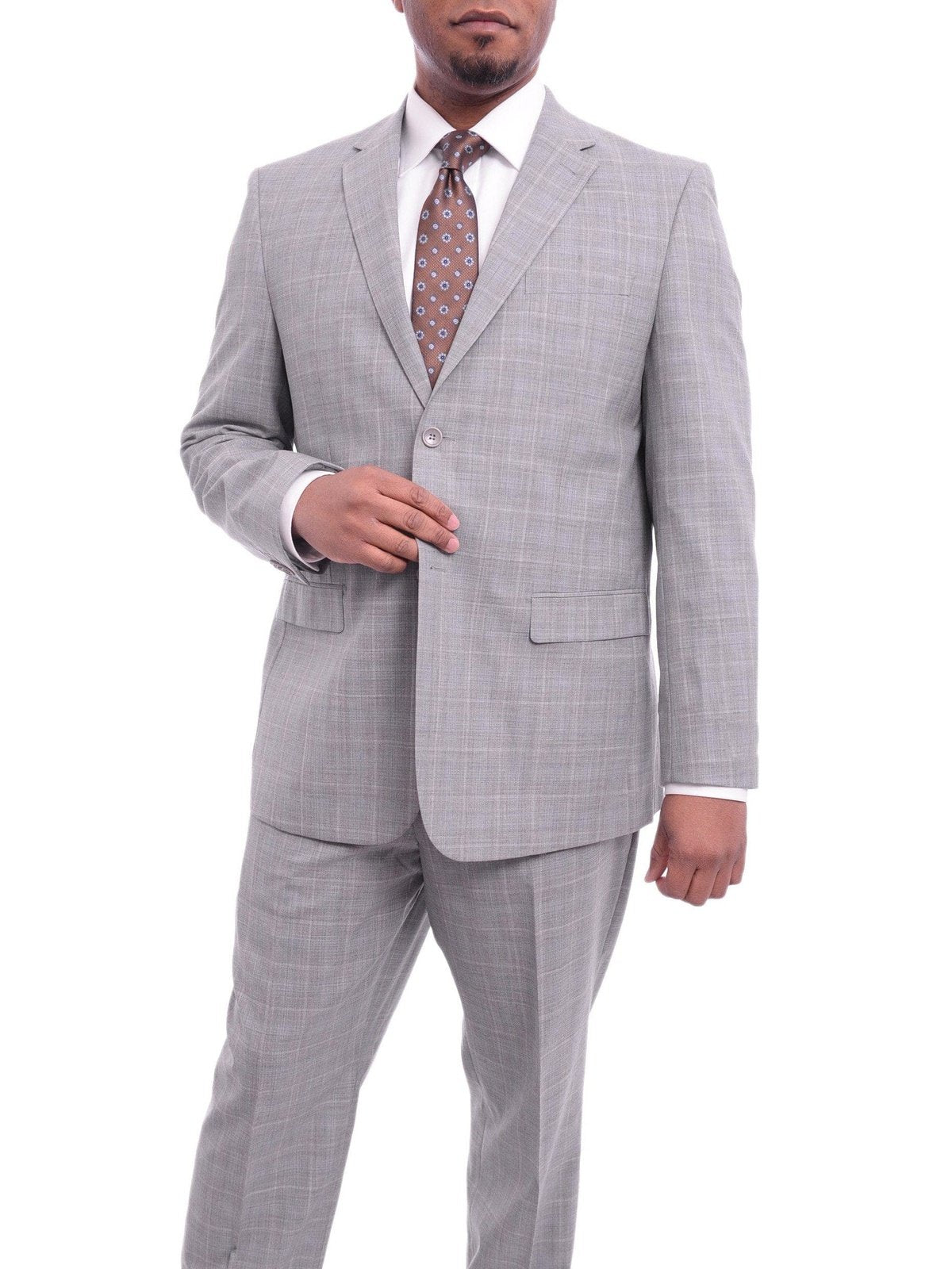 Prontomoda Sale Suits Prontomoda Europa Classic Fit Light Gray Windowpane Plaid Merino Wool Suit