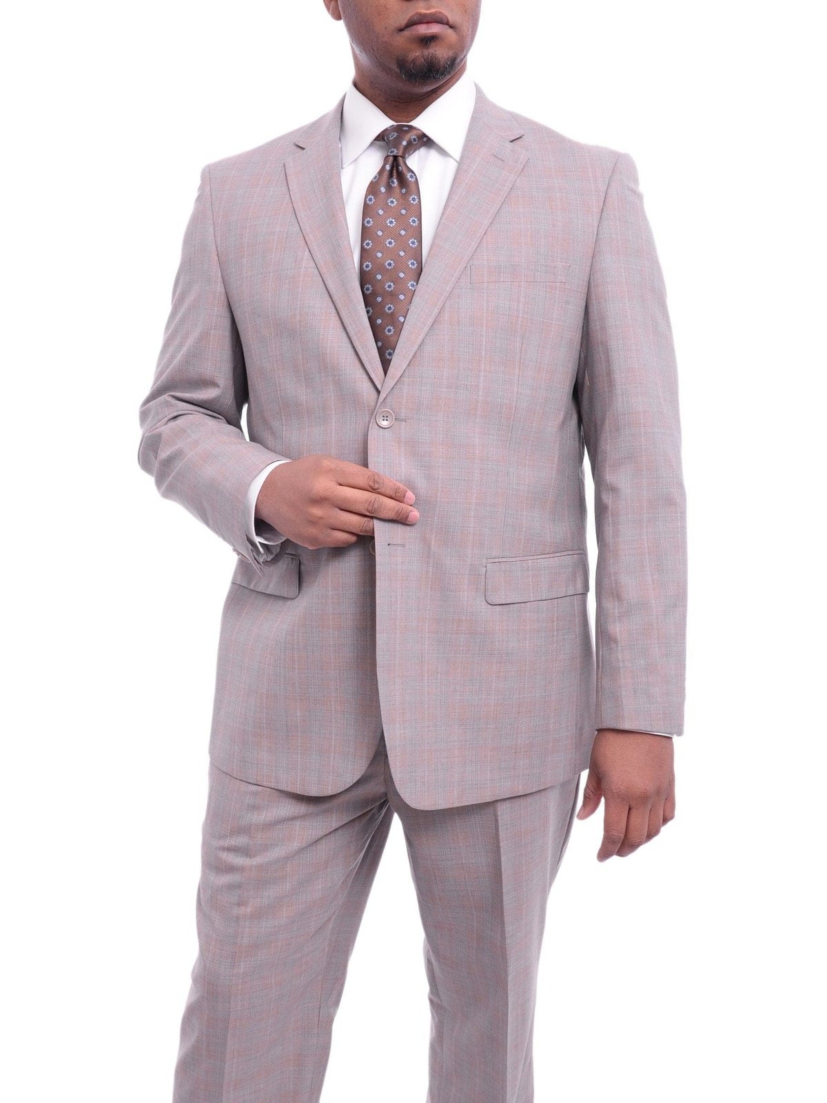 Prontomoda TWO PIECE SUITS Prontomoda Classic Fit Tan With Blue And White Windowpane Two Buttton Wool Suit