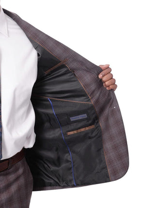 Prontomoda TWO PIECE SUITS Prontomoda Mens Brown Plaid 100% Wool Slim Fit Suit