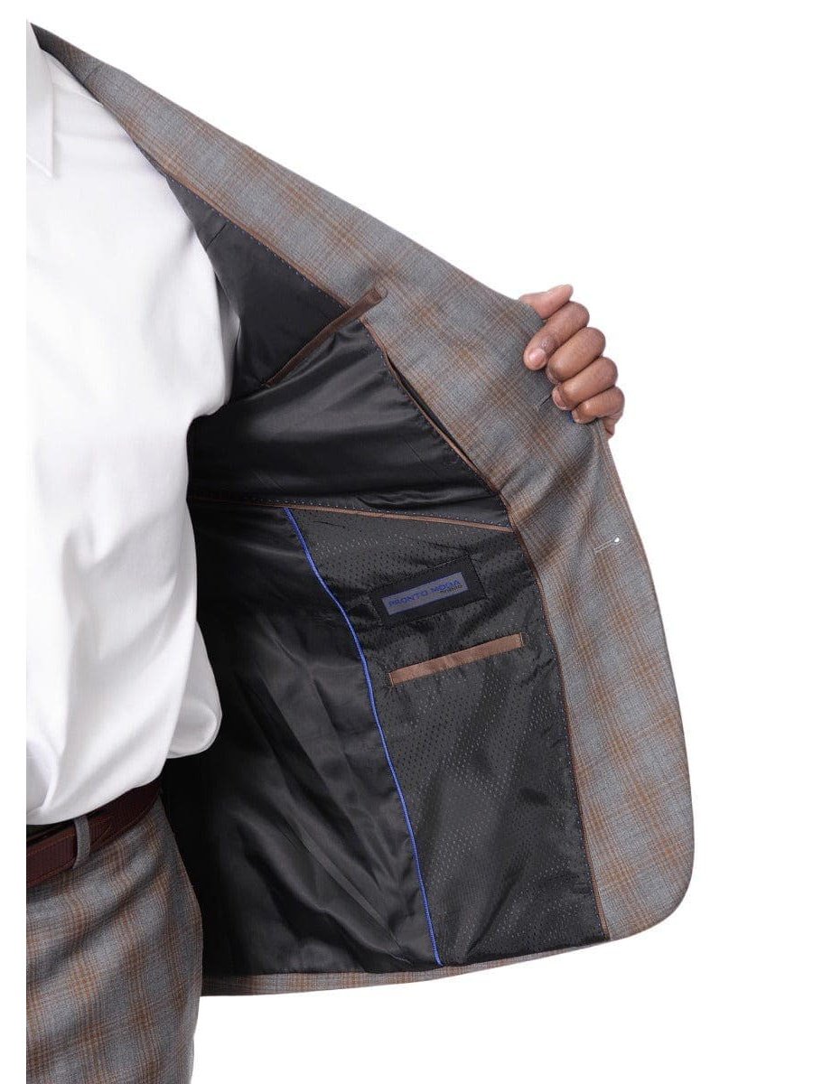 Prontomoda TWO PIECE SUITS Prontomoda Mens Gray &amp; Blue Plaid 100% Wool Slim Fit Suit