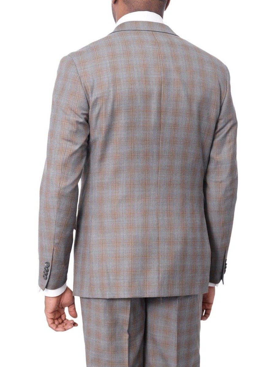 Prontomoda TWO PIECE SUITS Prontomoda Mens Gray &amp; Blue Plaid 100% Wool Slim Fit Suit