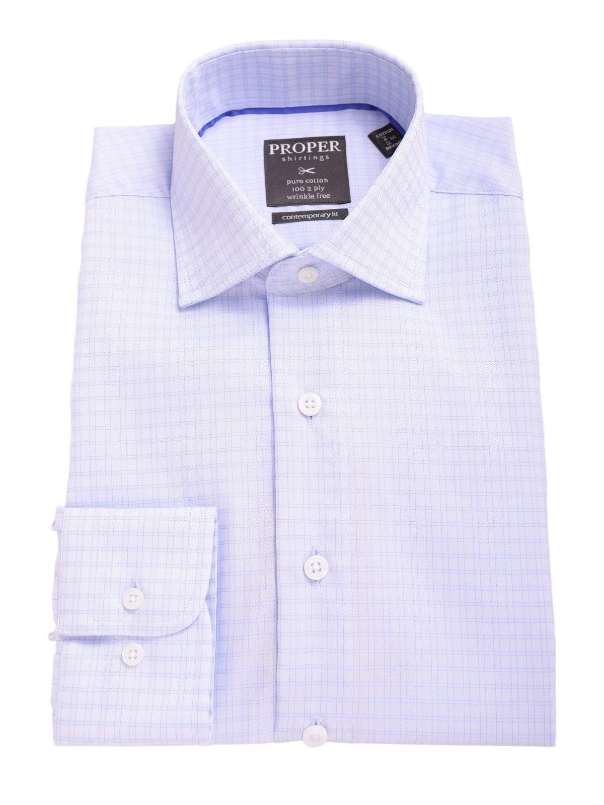 Proper Shirtings SHIRTS 14 1/2 32/33 Mens Slim Fit Blue Plaid Spread Collar 100 2 Ply Wrinkle Free Cotton Dress Shirt