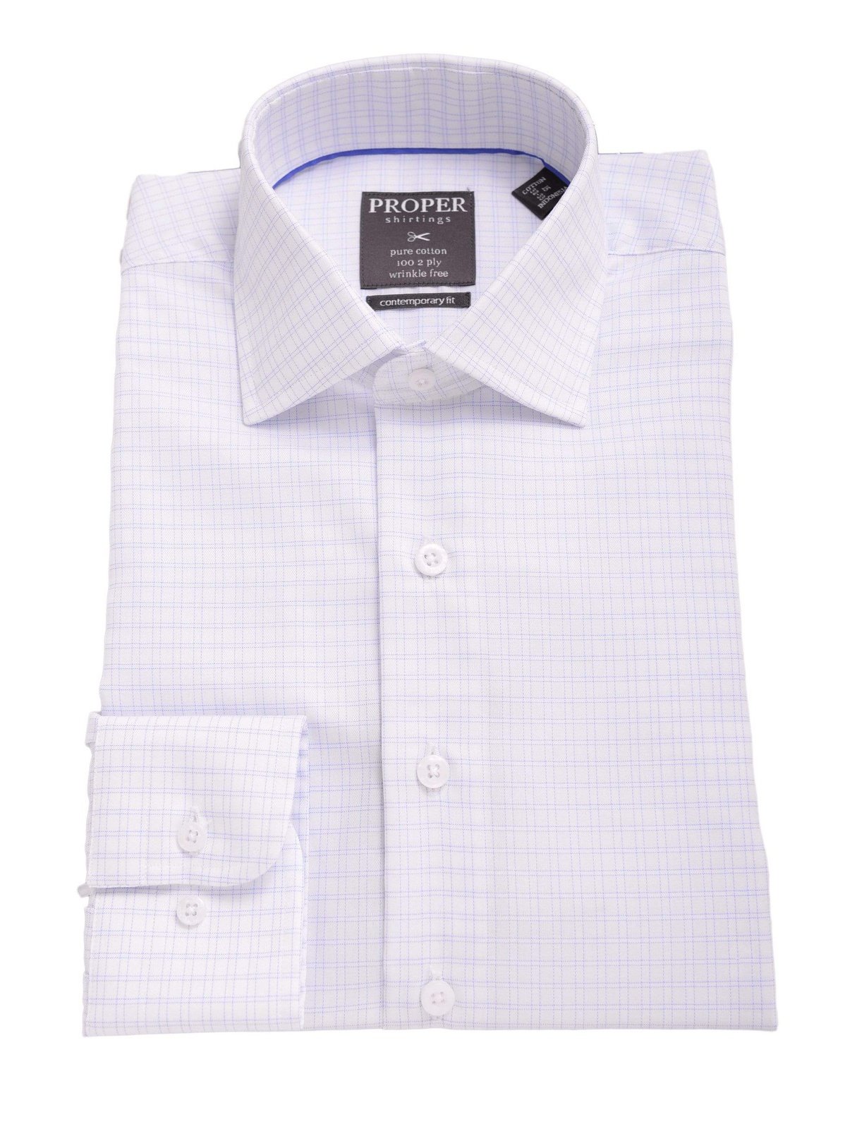 Proper Shirtings SHIRTS 14 1/2 32/33 Mens Slim Fit White &amp; Blue Plaid Spread Collar 100 2 Ply Cotton Dress Shirt
