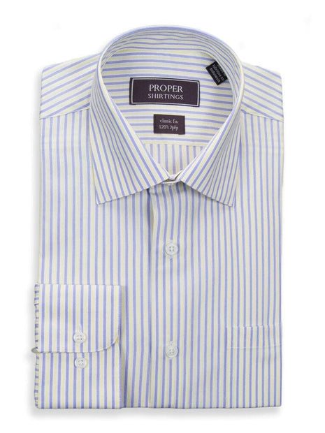 Classic Fit Yellow Blue Striped Spread Collar 120's Cotton Dress Shirt, 17 / 36/37 Classic Fit Yellow Blue Striped Spread Collar 120's Cotton Dress Shirt, 17 / 36/37