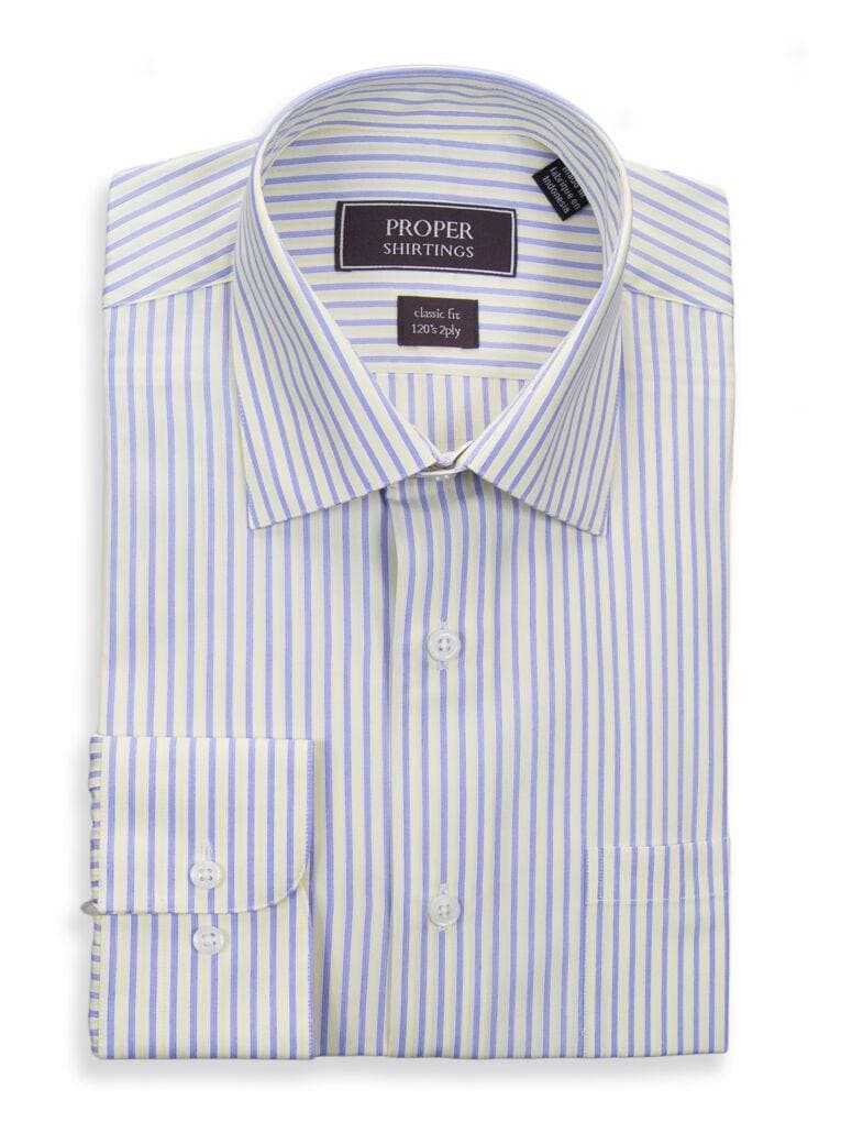 Proper Shirtings SHIRTS 15 1/2 34/35 Classic Fit Yellow Blue Striped Spread Collar 120&#39;s Cotton Dress Shirt