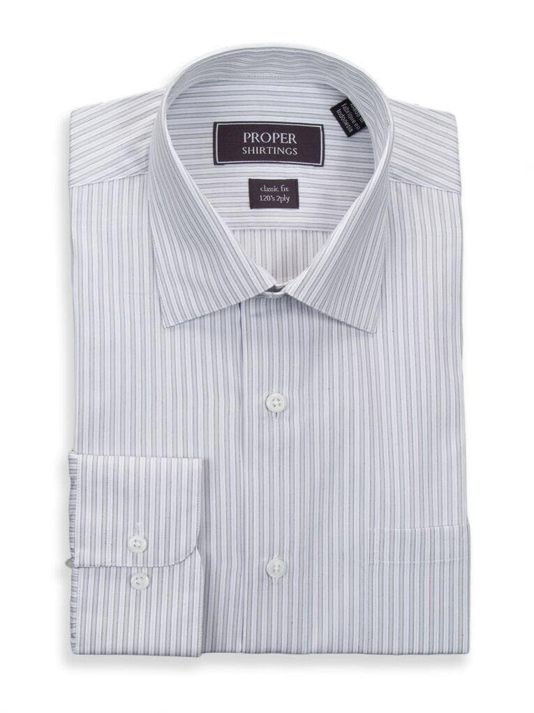 Proper Shirtings SHIRTS 15 1/2 34/35 Mens Classic Fit Silver Striped Semi Spread Collar 120&#39;s 2ply Cotton Dress Shirt