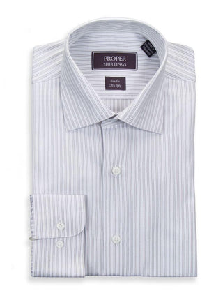 Slim Fit Gray White Striped Spread Collar 2 Ply Cotton Dress Shirt - The Suit Depot
