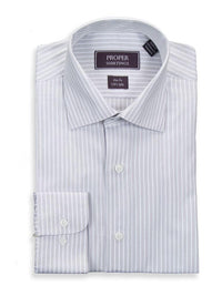 Thumbnail for Slim Fit Gray White Striped Spread Collar 2 Ply Cotton Dress Shirt - The Suit Depot