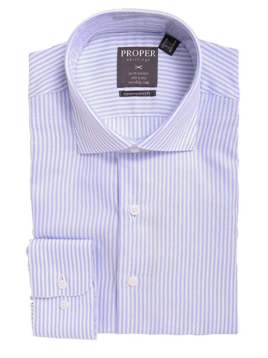 Proper Shirtings SHIRTS 16 1/2 / 34/35 Mens Slim Fit White & Blue Textured Stripe Spread Collar Cotton Dress Shirt