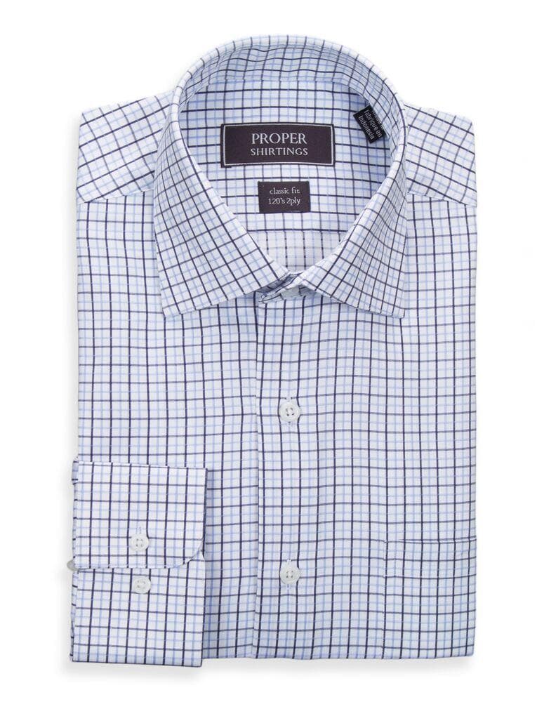 Proper Shirtings SHIRTS 16 1/2 36/37 Classic Fit Blue Plaid Spread Collar 2 Ply Cotton Dress Shirt