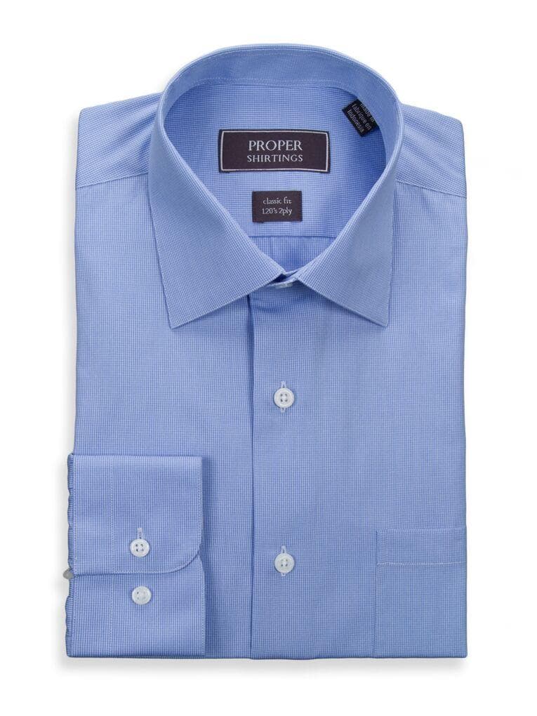 Proper Shirtings SHIRTS 16 1/2 36/37 Classic Fit Light Blue Mini Check 120's 2Ply Cotton Dress Shirt