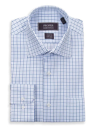 Proper Shirtings SHIRTS 16 1/2 36/37 Classic Fit White With Light Blue & Turquoise Check 120's 2PLY Cotton Dres Shirt