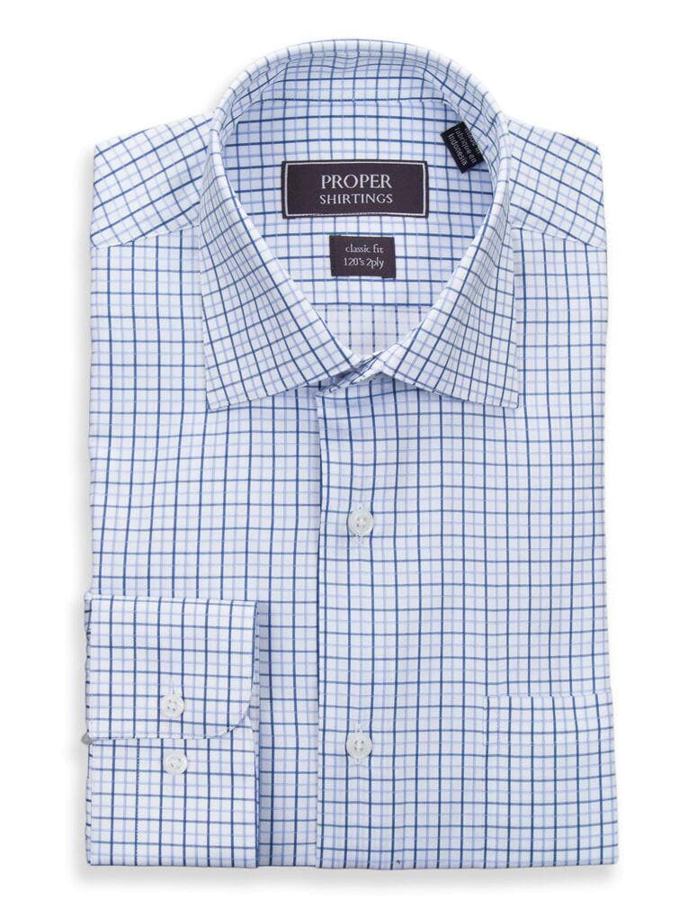 Proper Shirtings SHIRTS 16 1/2 36/37 Classic Fit White With Light Blue & Turquoise Check 120's 2PLY Cotton Dres Shirt