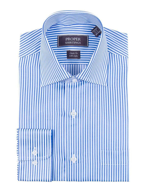 Mens Classic Fit White And Blue Striped 120's 2PLY Cotton Dress Shirt, 16 1/2 / 36/37
