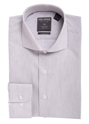 Proper Shirtings SHIRTS 16 32/33 Mens Slim Fit Gray & White Striped Spread Collar Cotton Dress Shirt