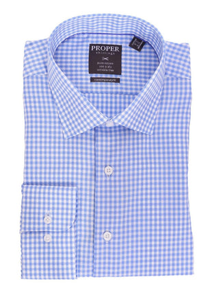 Proper Shirtings SHIRTS 17 1/2 32/33 Blue & White Check Spread Collar Wrinkle Free 100 2 Ply Cotton Dress Shirt