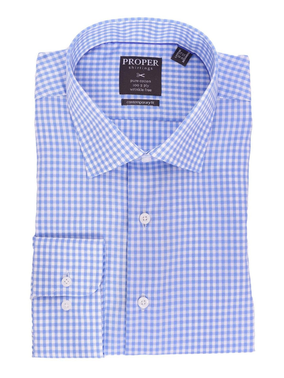 Proper Shirtings SHIRTS 17 1/2 32/33 Blue &amp; White Check Spread Collar Wrinkle Free 100 2 Ply Cotton Dress Shirt