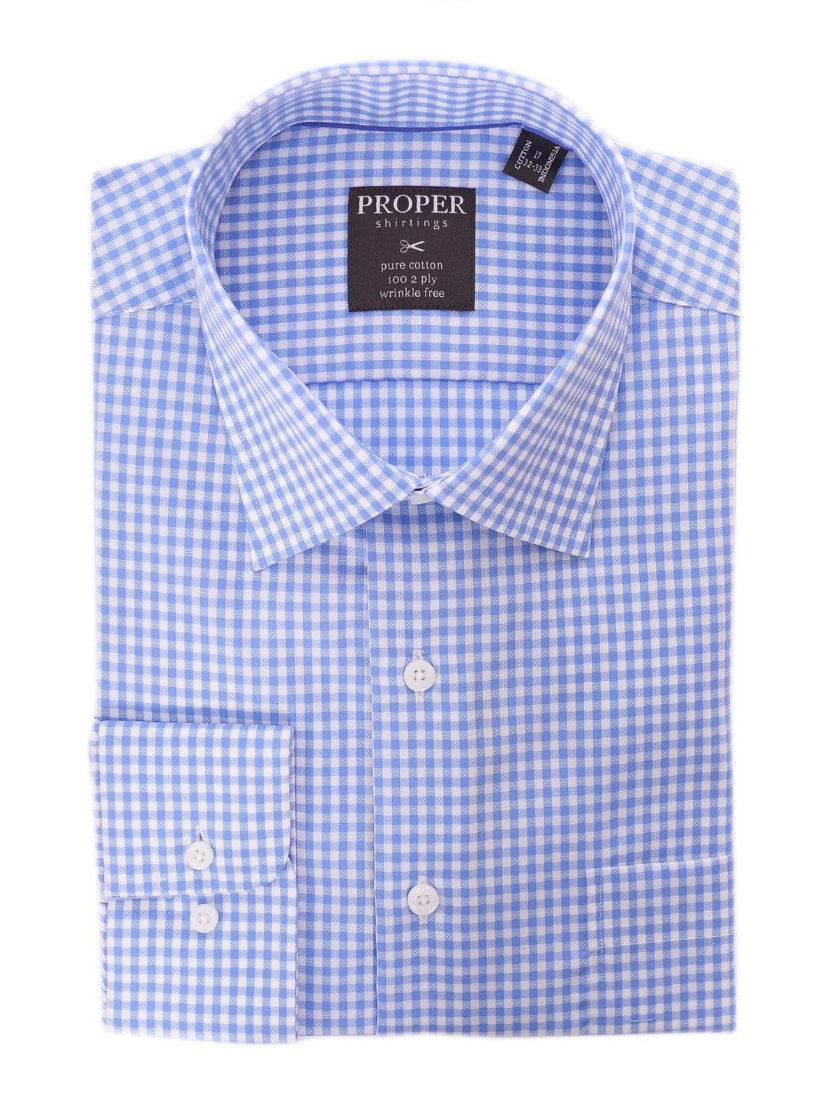 Proper Shirtings SHIRTS 17 32/33 Mens Blue &amp; White Check Spread Collar Wrinkle Free 100 2 Ply Cotton Dress Shirt
