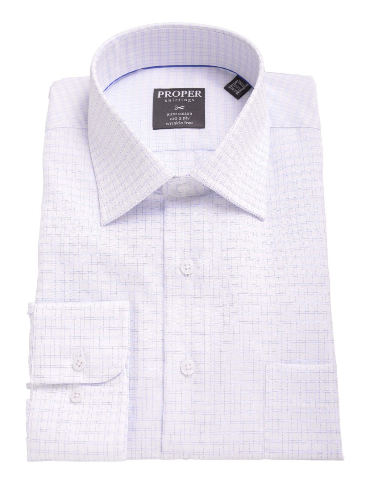 Proper Shirtings SHIRTS 18 1/2 34/35 Mens Classic Fit White And Blue Plaid Spread Collar 100 2 Ply Cotton Dress Shirt