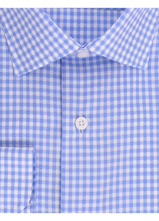 Proper Shirtings SHIRTS Blue & White Check Spread Collar Wrinkle Free 100 2 Ply Cotton Dress Shirt