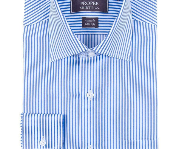 Mens Classic Fit White And Blue Striped 120's 2PLY Cotton Dress Shirt