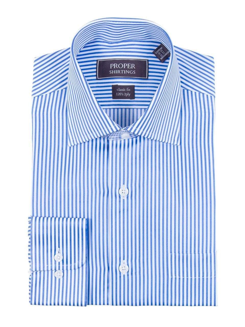 Proper Shirtings SHIRTS Mens Classic Fit White And Blue Striped 120&#39;s 2PLY Cotton Dress Shirt