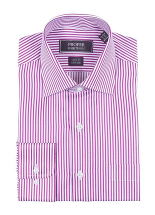 Proper Shirtings SHIRTS Mens Classic Fit White And Orchid Striped 120's 2PLY Cotton Dress Shirt