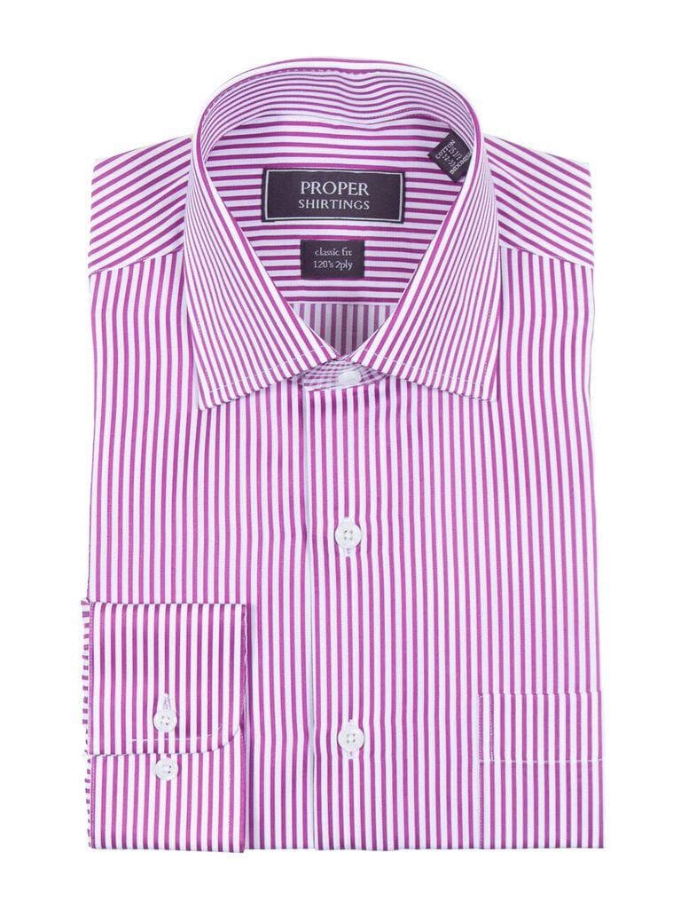 Proper Shirtings SHIRTS Mens Classic Fit White And Orchid Striped 120's 2PLY Cotton Dress Shirt