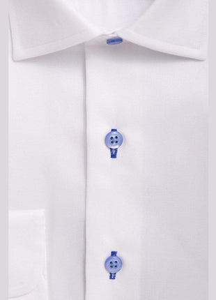 Proper Shirtings SHIRTS Mens Classic Solid White With Blue Buttons Spread Collar Cotton Dress Shirt