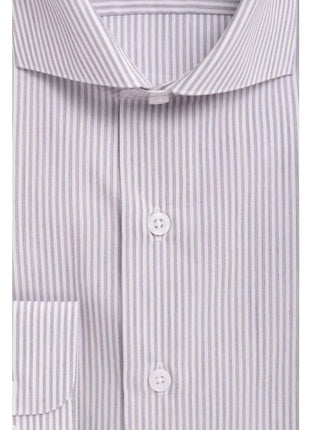 Proper Shirtings SHIRTS Mens Slim Fit Gray & White Striped Spread Collar Cotton Dress Shirt
