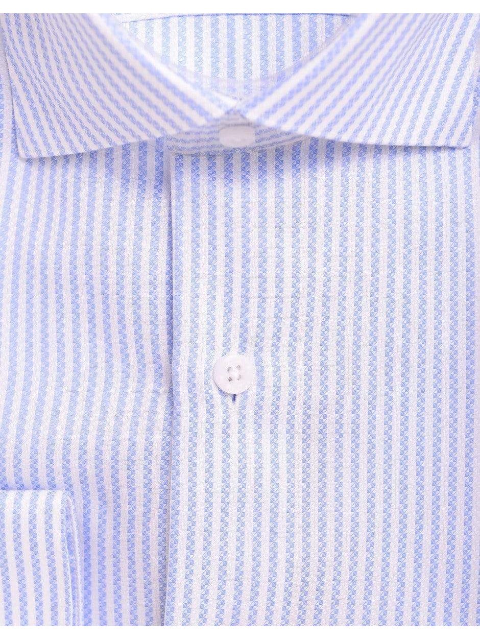 Proper Shirtings SHIRTS Mens Slim Fit White &amp; Blue Textured Stripe Spread Collar Cotton Dress Shirt