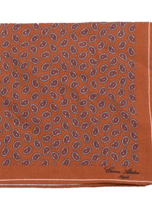 Cesare Attolini Brown Paisley Teardrop Linen Pocket Square Handmade In Italy - The Suit Depot