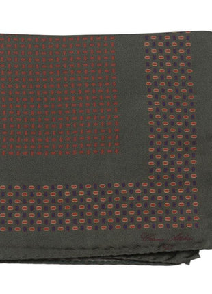 Cesare Attolini Dark Green Red Blue Motif Silk Pocket Square Handmade In Italy - The Suit Depot