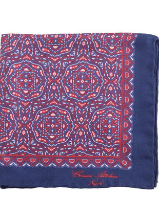 Cesare Attolini Blue & Red Geometric Print Silk Pocket Square Handmade In Italy - The Suit Depot