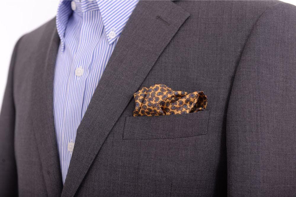 Cesare Attolini Yellow & Blue Paisley Pocket Square Handmade In Italy - The Suit Depot