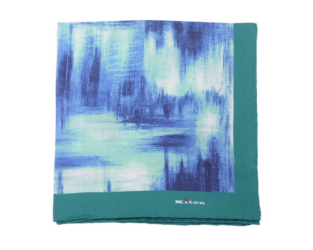 Kiton Green &amp; Blue Abstract Pattern Silk Pocket Square Handmade In Italy - The Suit Depot