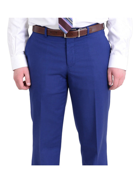 Raphael Mens Solid French Blue Slim Fit Flat Front Dress Pants, 42