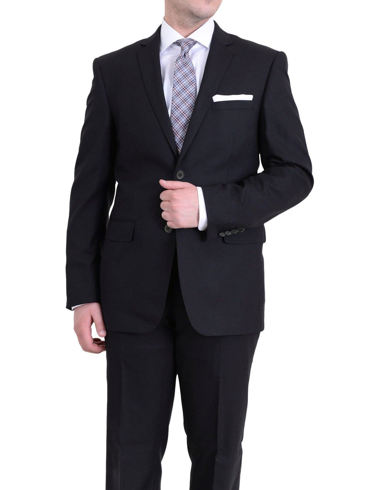 Raphael TWO PIECE SUITS 34S Men&#39;s Raphael Slim Fit Solid Black Textured Two Button Wool 2 Piece Formal Suit