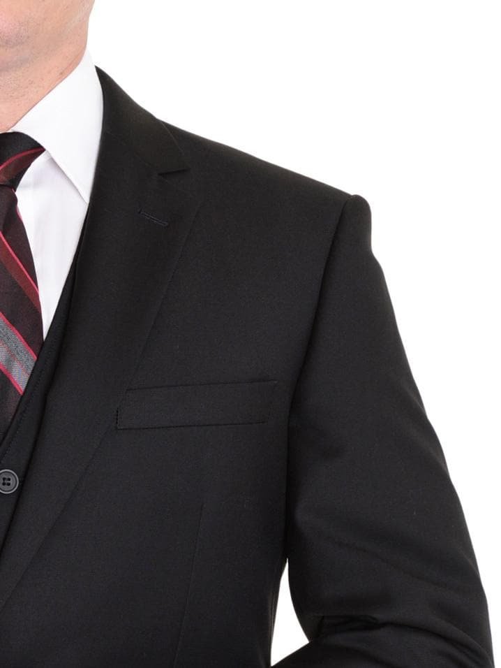 Raphael TWO PIECE SUITS Men&#39;s Raphael Classic Fit Solid Black Two Button 3 Piece 100% Wool Vested Suit