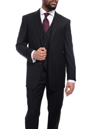Raphael TWO PIECE SUITS Men's Raphael Classic Fit Solid Black Two Button 3 Piece 100% Wool Vested Suit