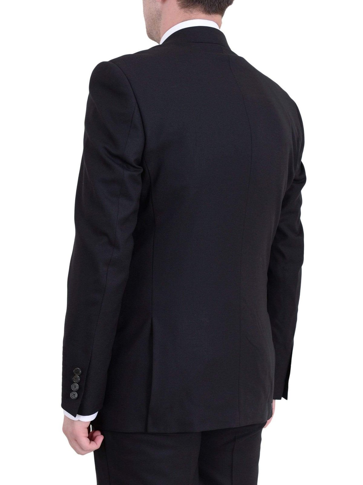 Raphael TWO PIECE SUITS Men's Raphael Slim Fit Solid Black Textured Two Button Wool 2 Piece Formal Suit