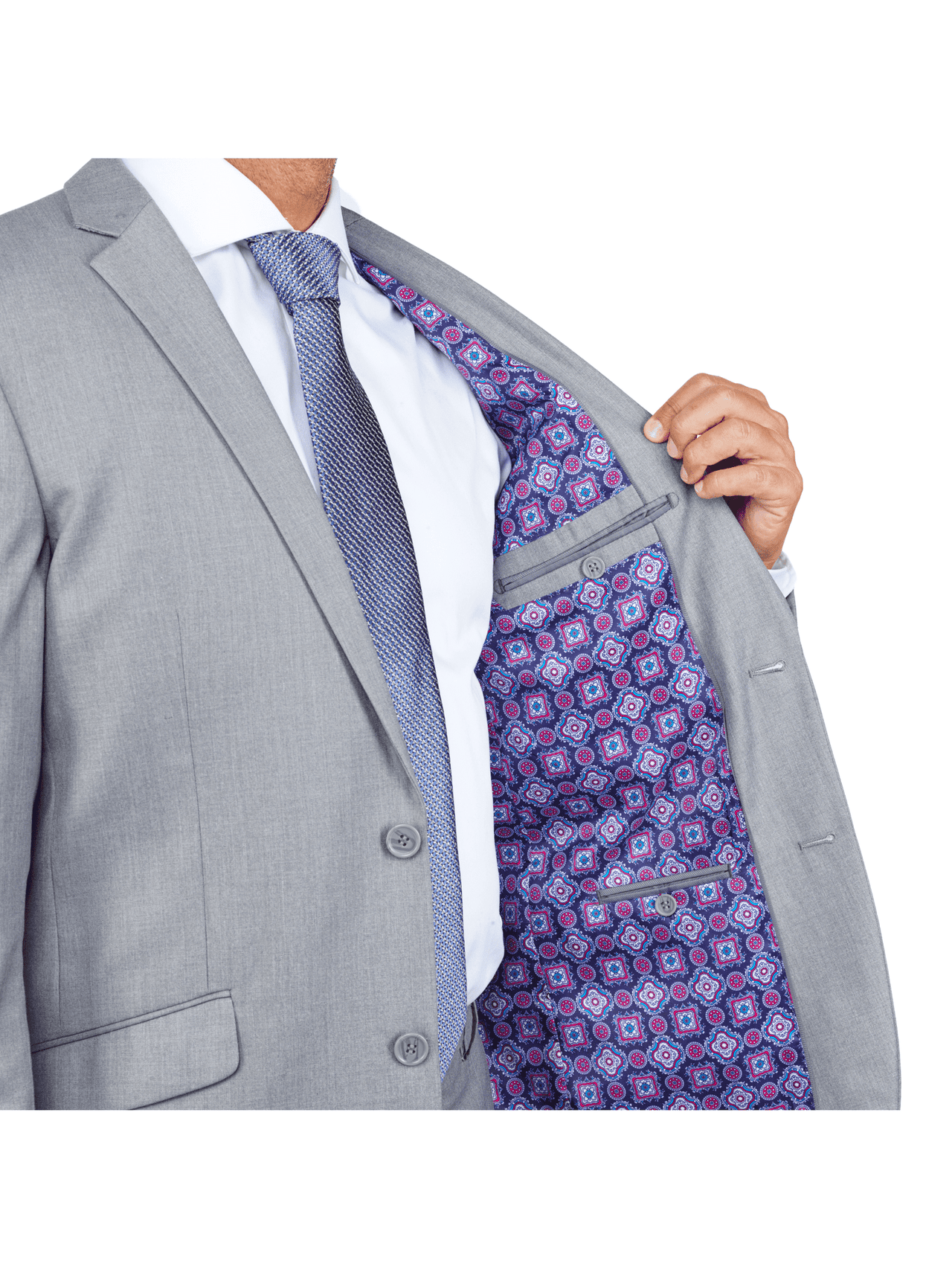 colorful lining of light gray men's suit jacket