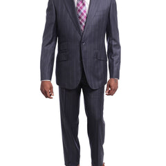 Robert Graham SUITS Robert Graham Mens Gray Striped Wool Cashmere Slim Fit 2 Button Suit
