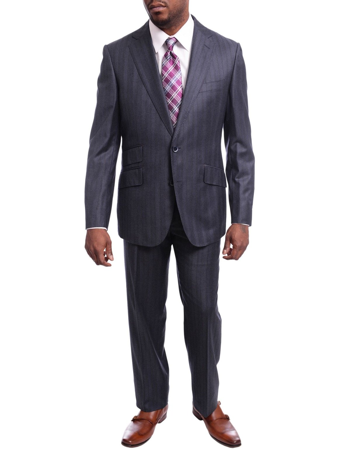 Robert Graham SUITS Robert Graham Mens Gray Striped Wool Cashmere Slim Fit 2 Button Suit