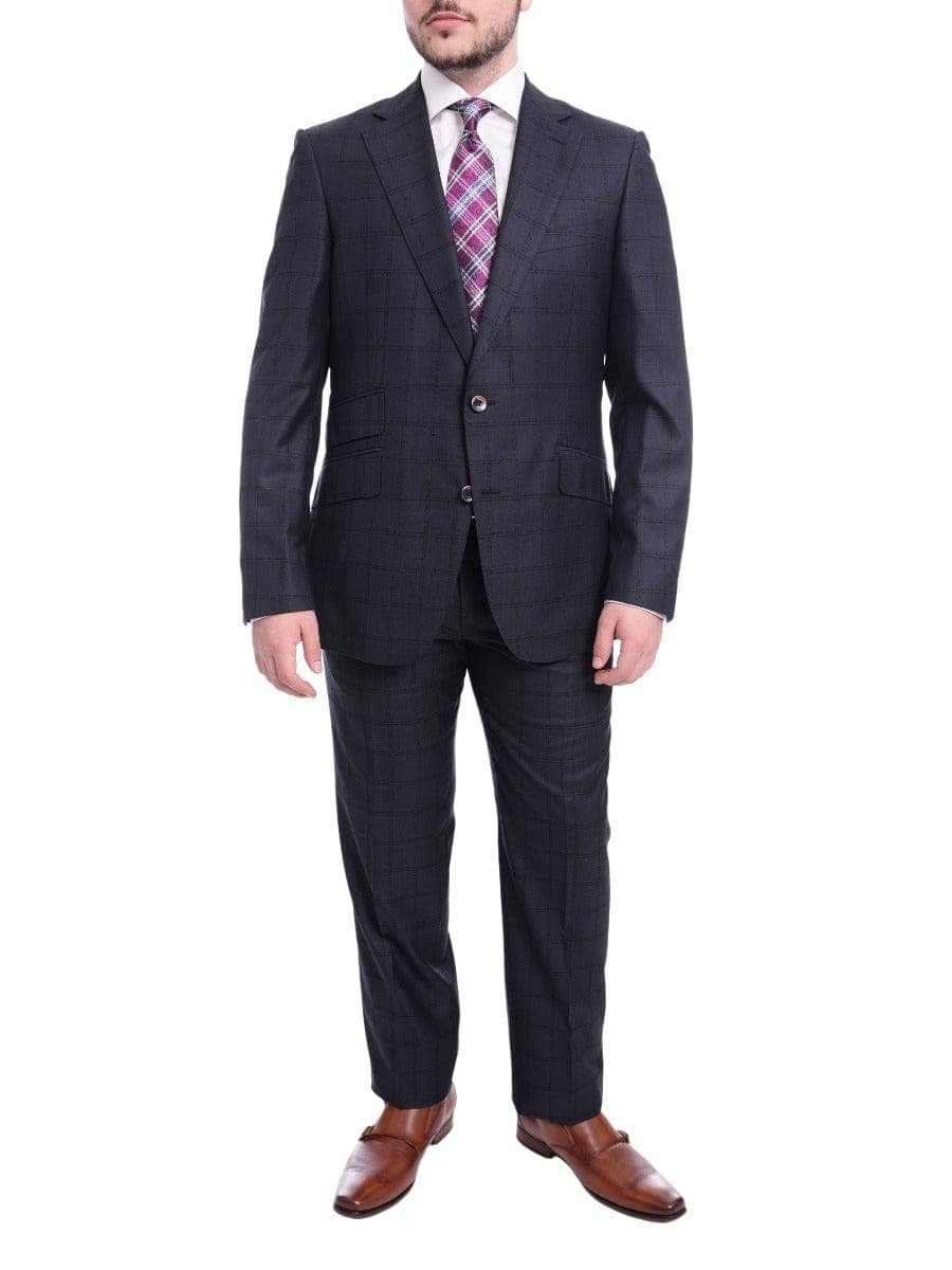 Robert Graham TWO PIECE SUITS Robert Graham Modern Fit Navy Blue Windowpane Two Button Wool Silk Blend Suit