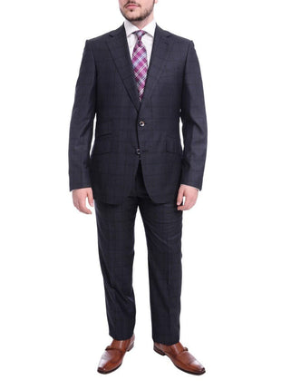 Robert Graham TWO PIECE SUITS Robert Graham Slim Fit Navy Blue Windowpane Two Button Wool Silk Blend Suit