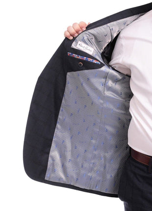 Robert Graham TWO PIECE SUITS Robert Graham Slim Fit Navy Blue Windowpane Two Button Wool Silk Blend Suit